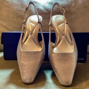 Kenneth Cole Martha Rhinestones Glam Gold Pointy  Sparkly Slingback Kitten Heels